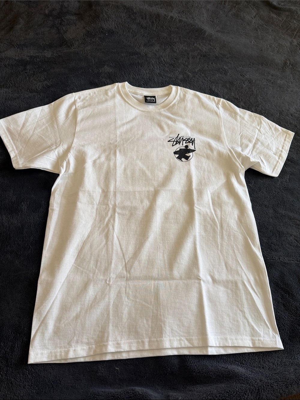 Stussy White T-Shirt with Black Graphic Chest Logo